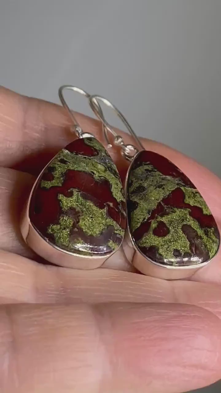 Natural Dragon Bloodstone and Silver Dangle Earrings