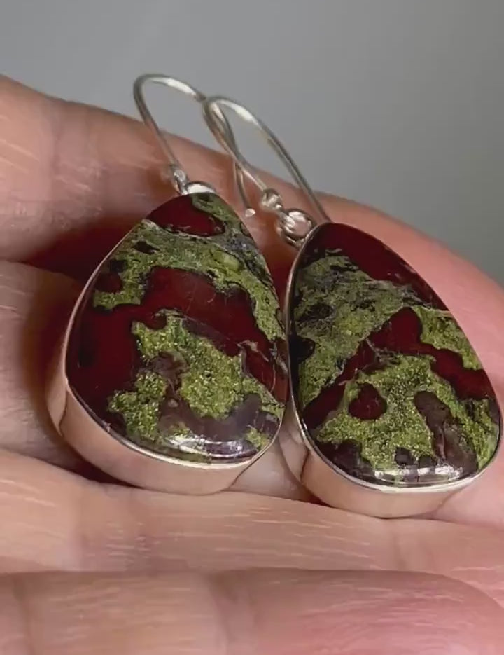 Natural Dragon Bloodstone and Silver Dangle Earrings