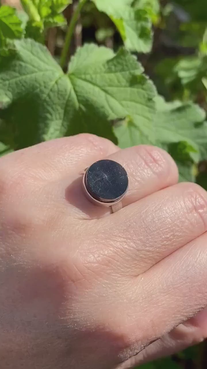 Karelian Shungite Sterling Silver Ring: Round Stone, Size 7