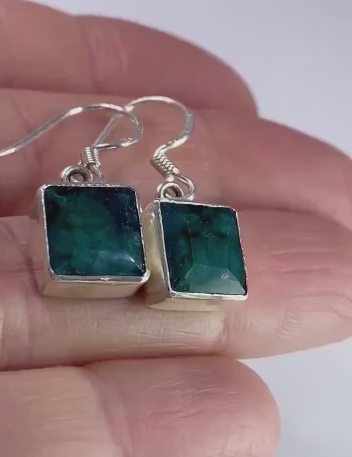 Raw Emerald and Silver Dangle Earrings