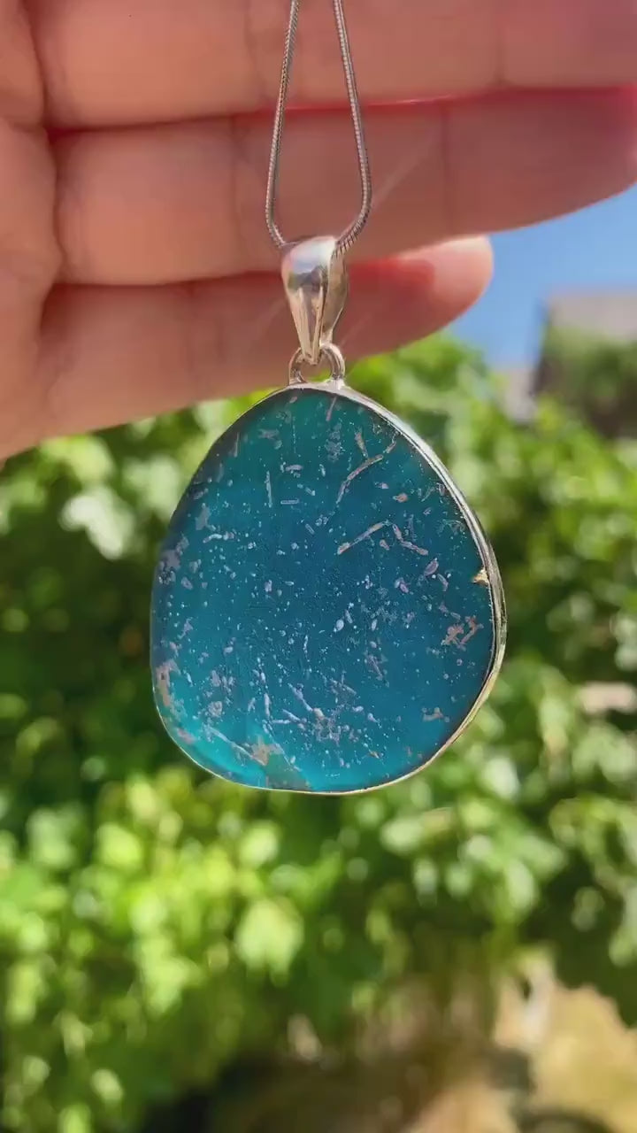 Ancient Roman Glass Pendant, Teardrop 41mm x 36mm Sterling Silver, Handmade UK