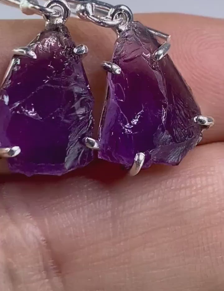 Rough Purple Amethyst and Sterling Silver Drop Earrings (UV288)