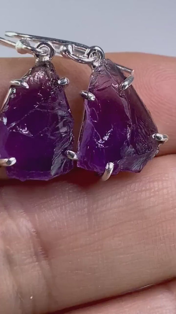 Rough Purple Amethyst and Sterling Silver Drop Earrings (UV288)