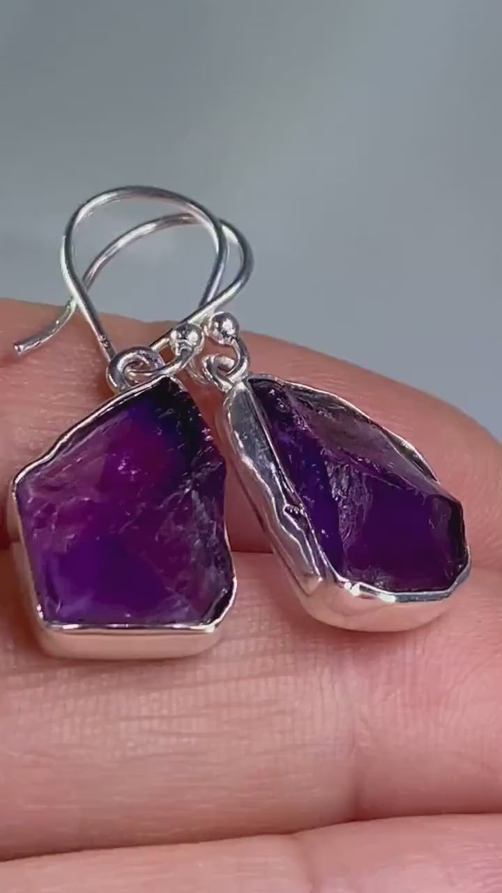 Rough Purple Amethyst and Sterling Silver Drop Earrings (UV288)