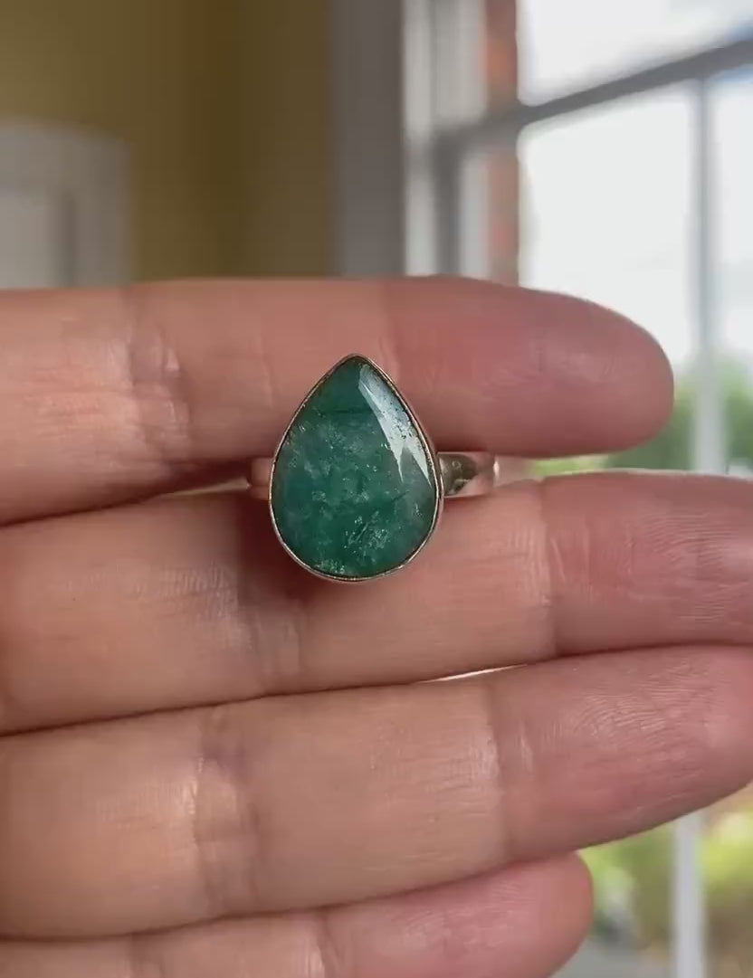 Teardrop Raw Emerald 925 Sterling Silver Ring