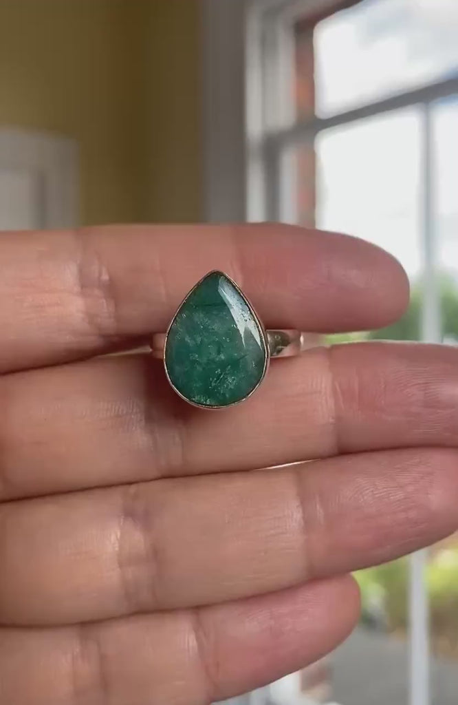 Teardrop Raw Emerald 925 Sterling Silver Ring