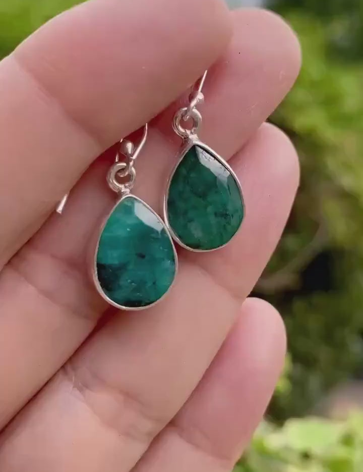Raw Emerald Dangle Earrings, Teardrop 14mm x 10mm, Sterling Silver, Handmade UK