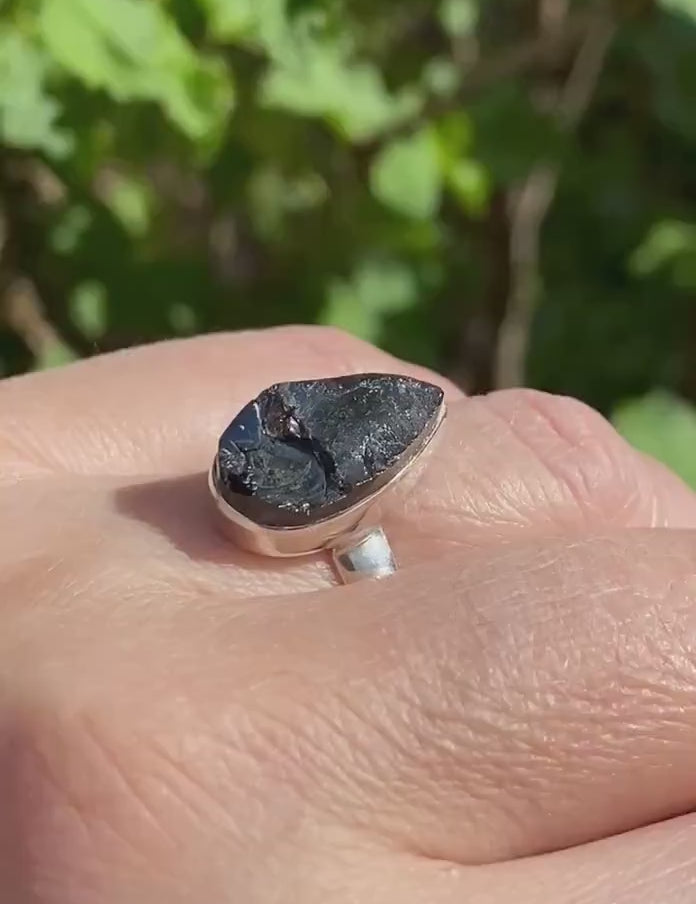 Shungite Sterling Silver Ring: Karelian Pear-Cut Stone