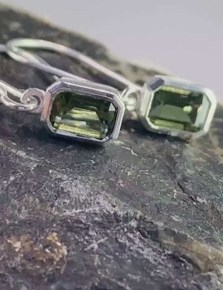 AAA Natural Moldavite and Silver Dangle Earrings (UV)