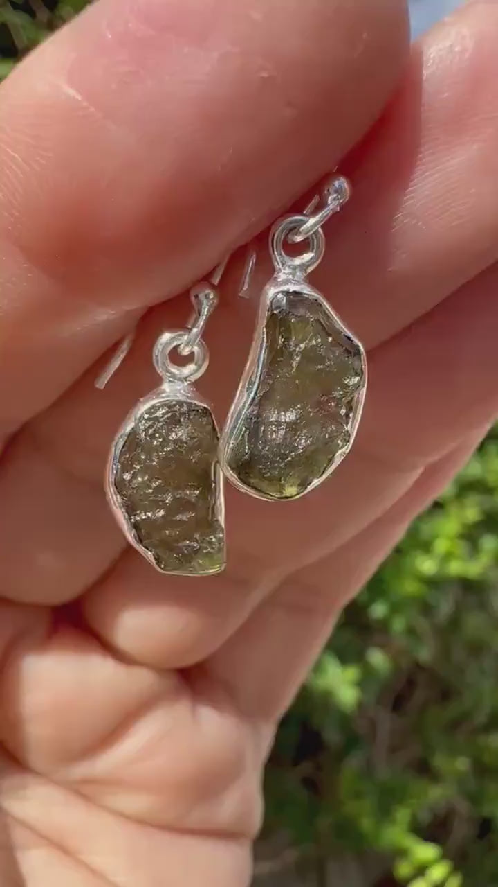 Natural Moldavite Dangle Earrings, Sterling Silver Uncut 13mm x 8mm, Handmade UK gift