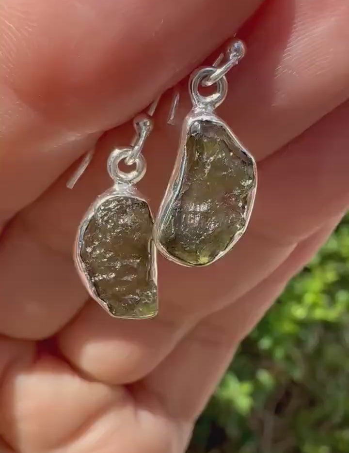 Natural Moldavite Dangle Earrings, Sterling Silver Uncut 13mm x 8mm, Handmade UK gift