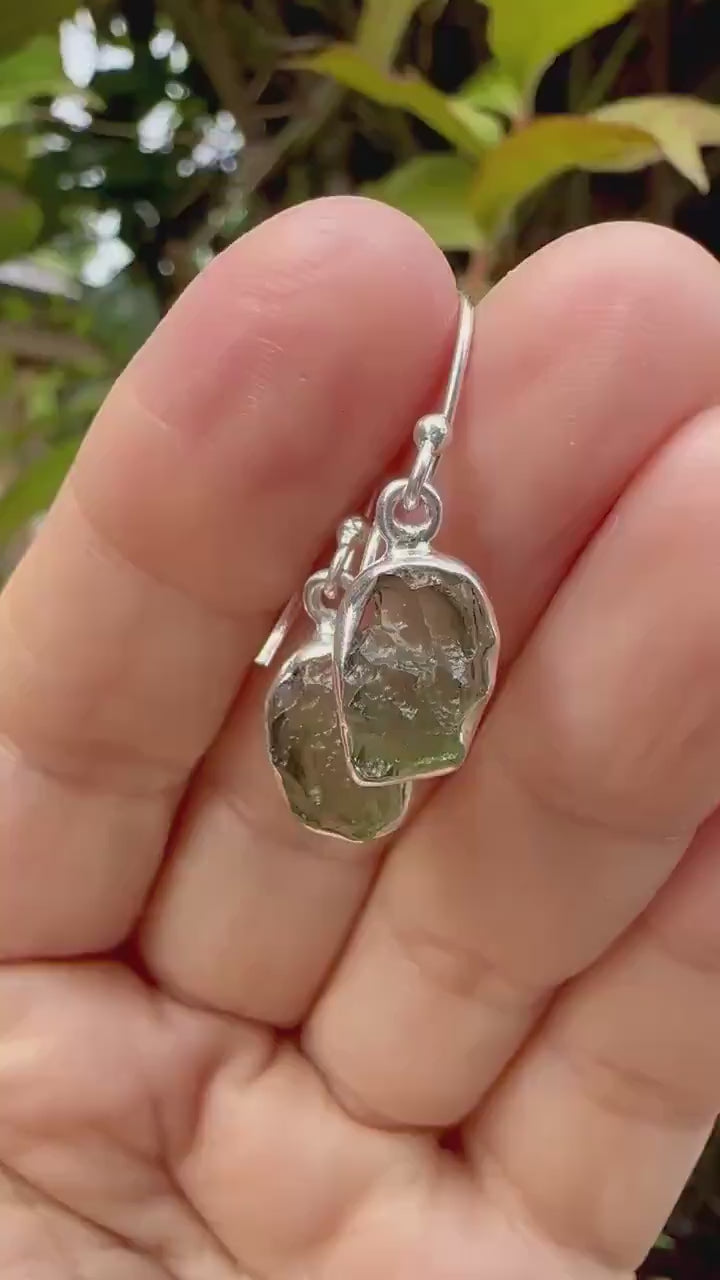 Raw Moldavite Earrings | Sterling Silver Bezel, Uncut Czech Gemstone Drops