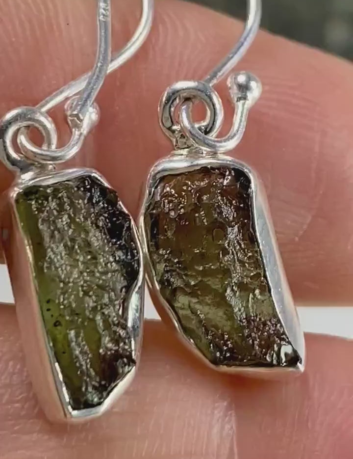 Natural Moldavite and Silver Dangle Earrings (UV25)