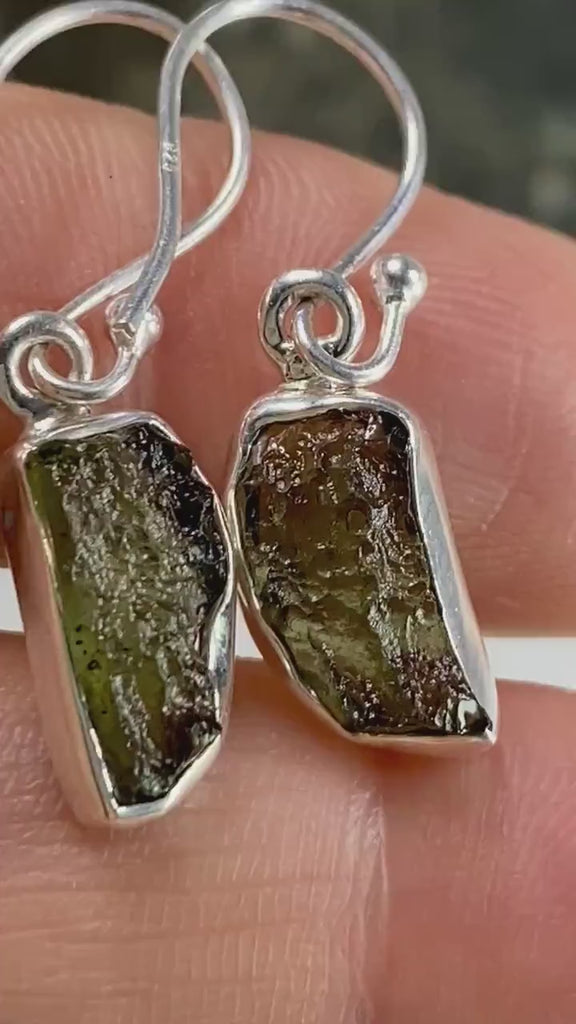 Natural Moldavite and Silver Dangle Earrings (UV25)
